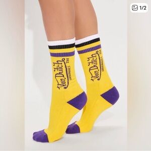 Von Dutch Yellow & Purple Logo Crew Socks - NWOT